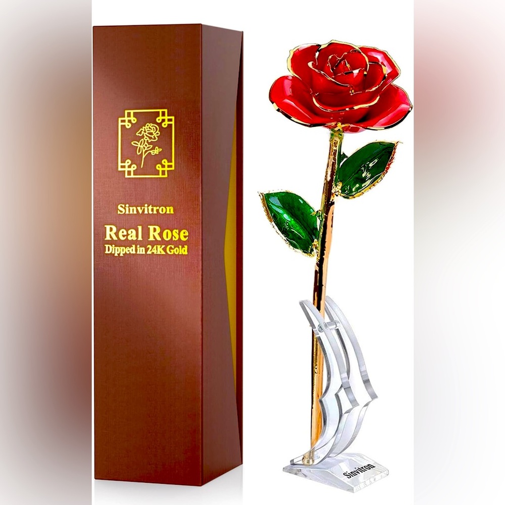 SINVITRON NWB REAL GOLD DIPPED RED ROSE WITH STAND AND CERTIFICATE -GORGEOUS